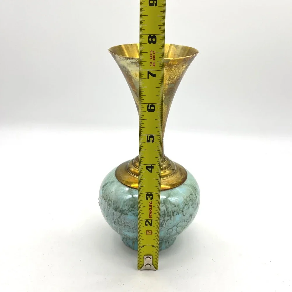 Vintage Holland Turquoise Crackle Ceramic and Brass‎ Flared Bud Vase MCM